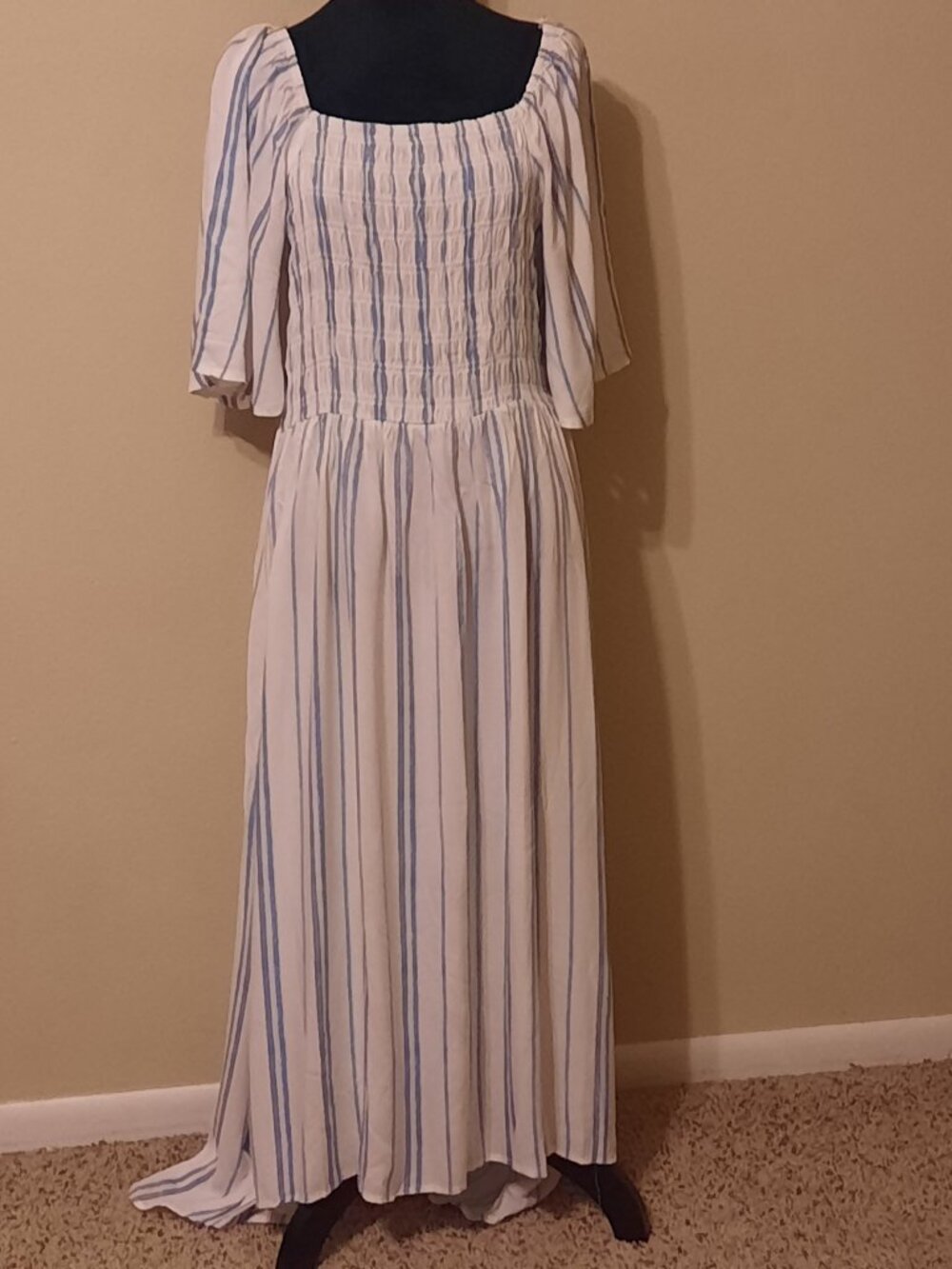 Blue & Cream Striped High-Low Bubble Bodice Dress